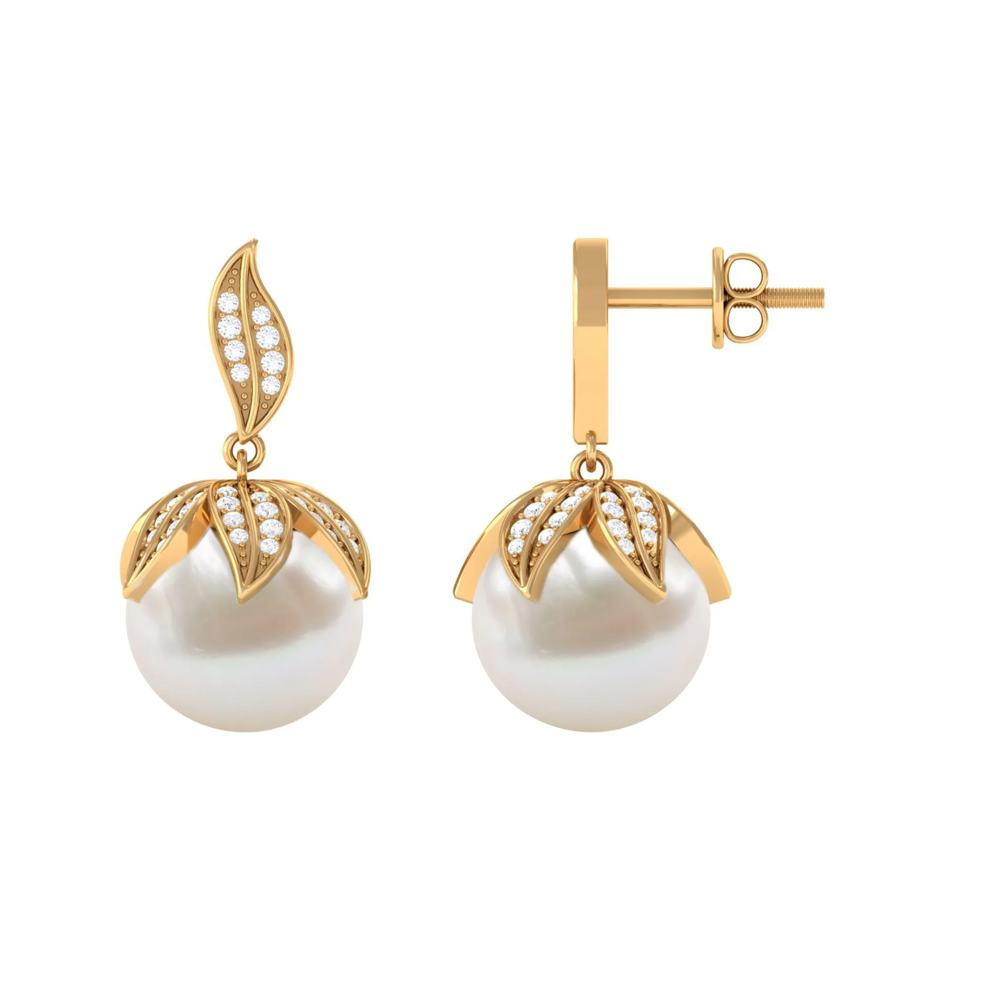 Nature Inspired Freshwater Pearl Drop Earrings with Diamond