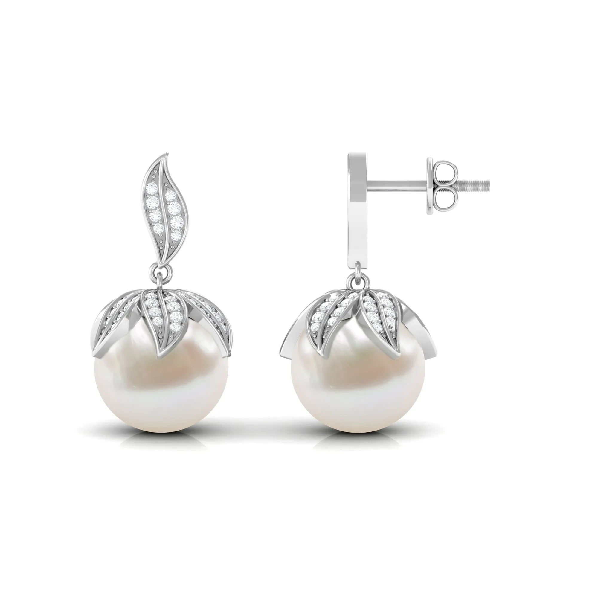 Nature Inspired Freshwater Pearl Drop Earrings with Diamond
