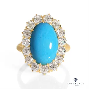 Original 7.58ct Authentic Antique Victorian Turquoise Diamond Cluster Cocktail Ring