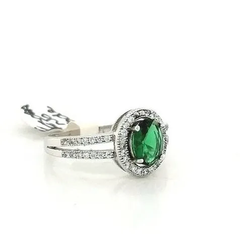 Oval Emerald CZ Silver Ring Size: N