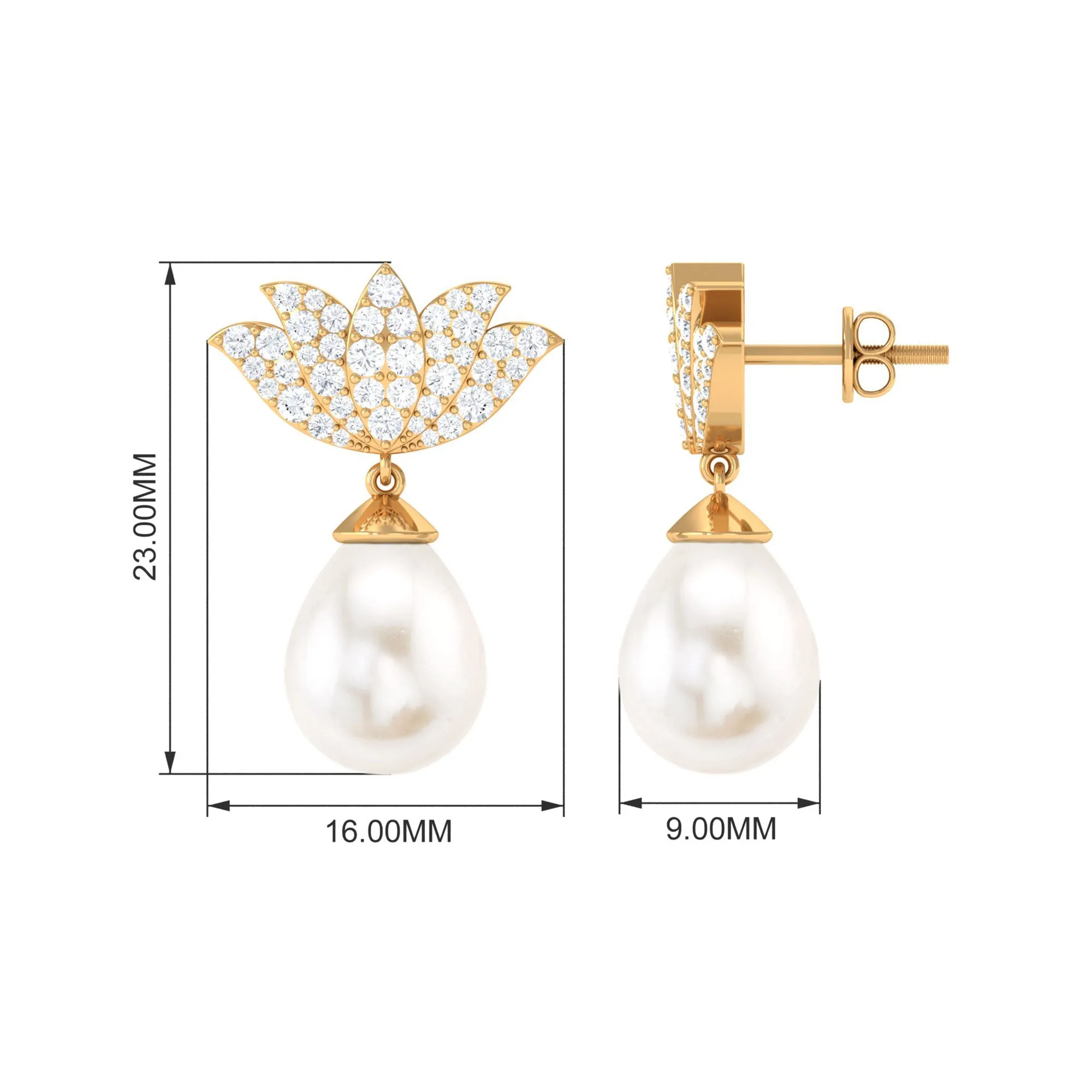 Pave Moissanite Lotus Flower and Freshwater Pearl Drop Earrings