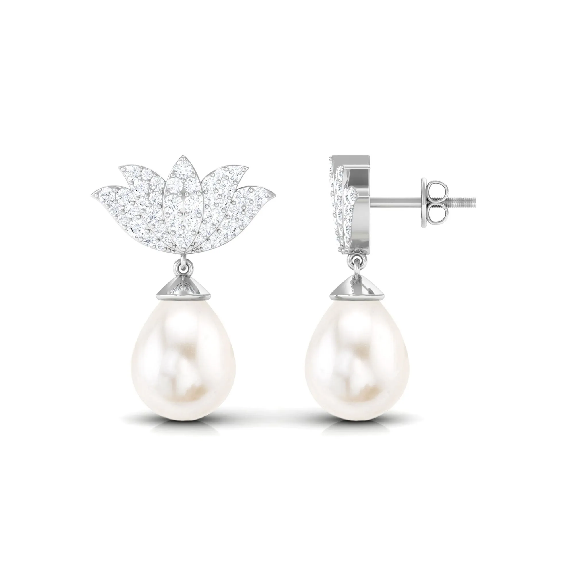 Pave Moissanite Lotus Flower and Freshwater Pearl Drop Earrings