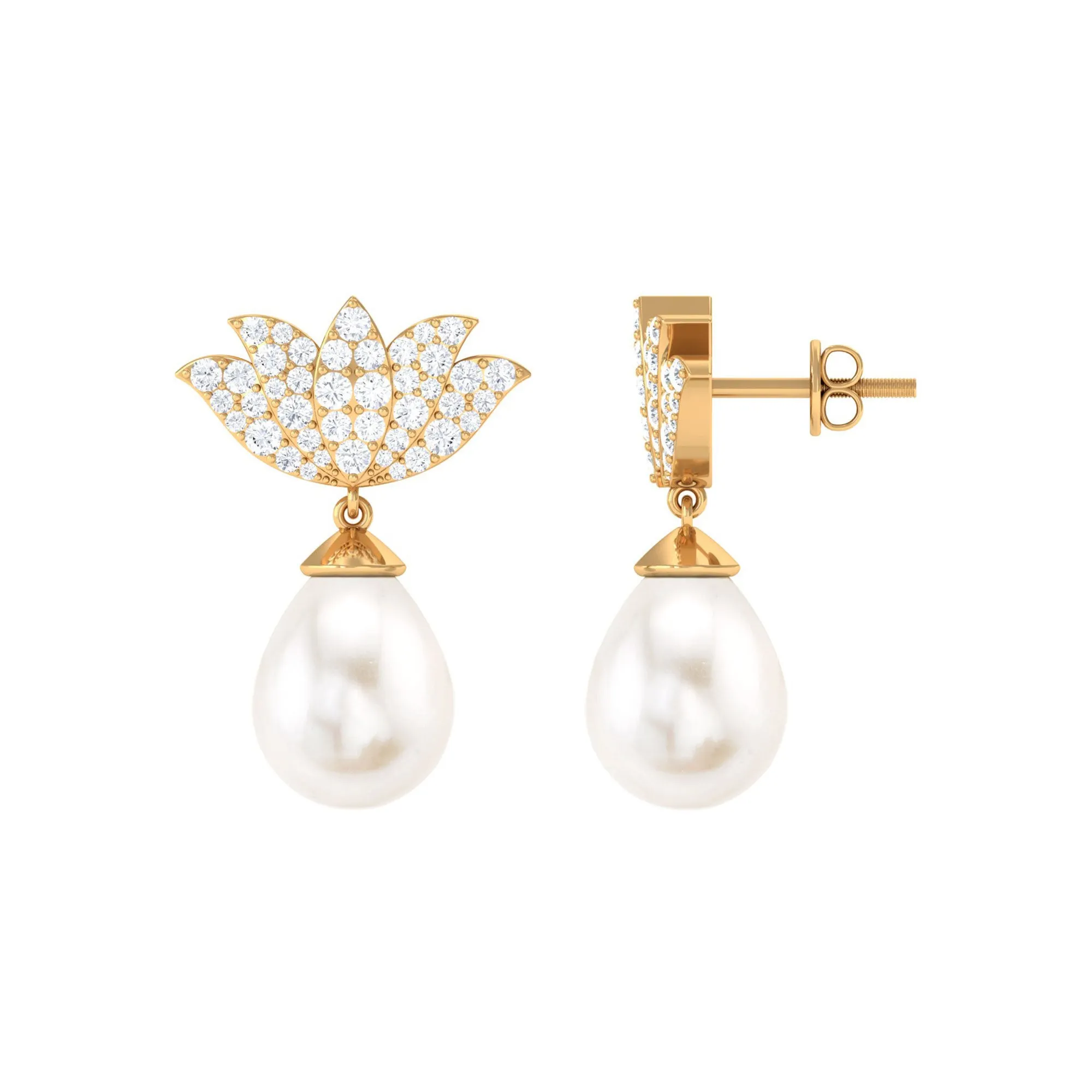 Pave Moissanite Lotus Flower and Freshwater Pearl Drop Earrings