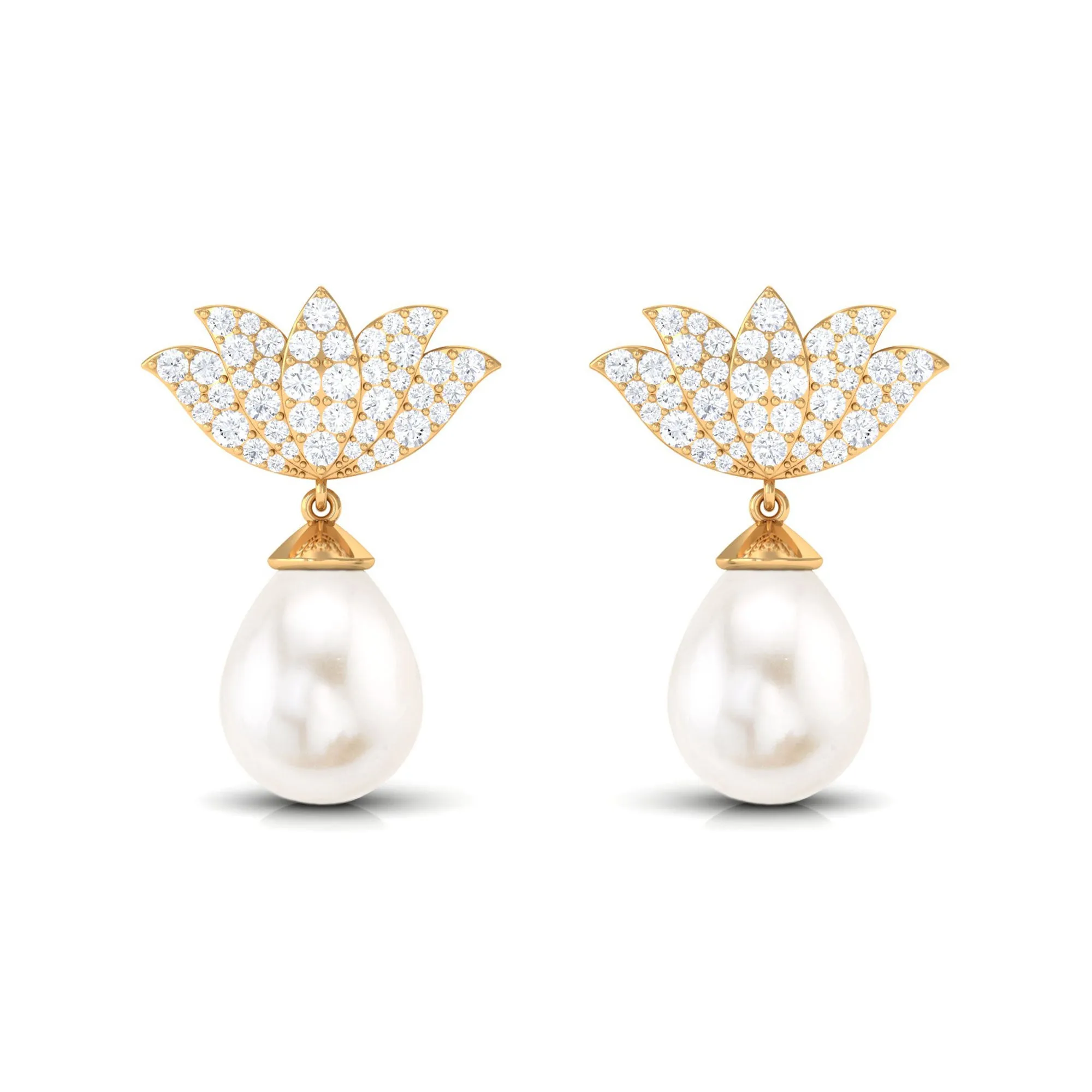 Pave Moissanite Lotus Flower and Freshwater Pearl Drop Earrings