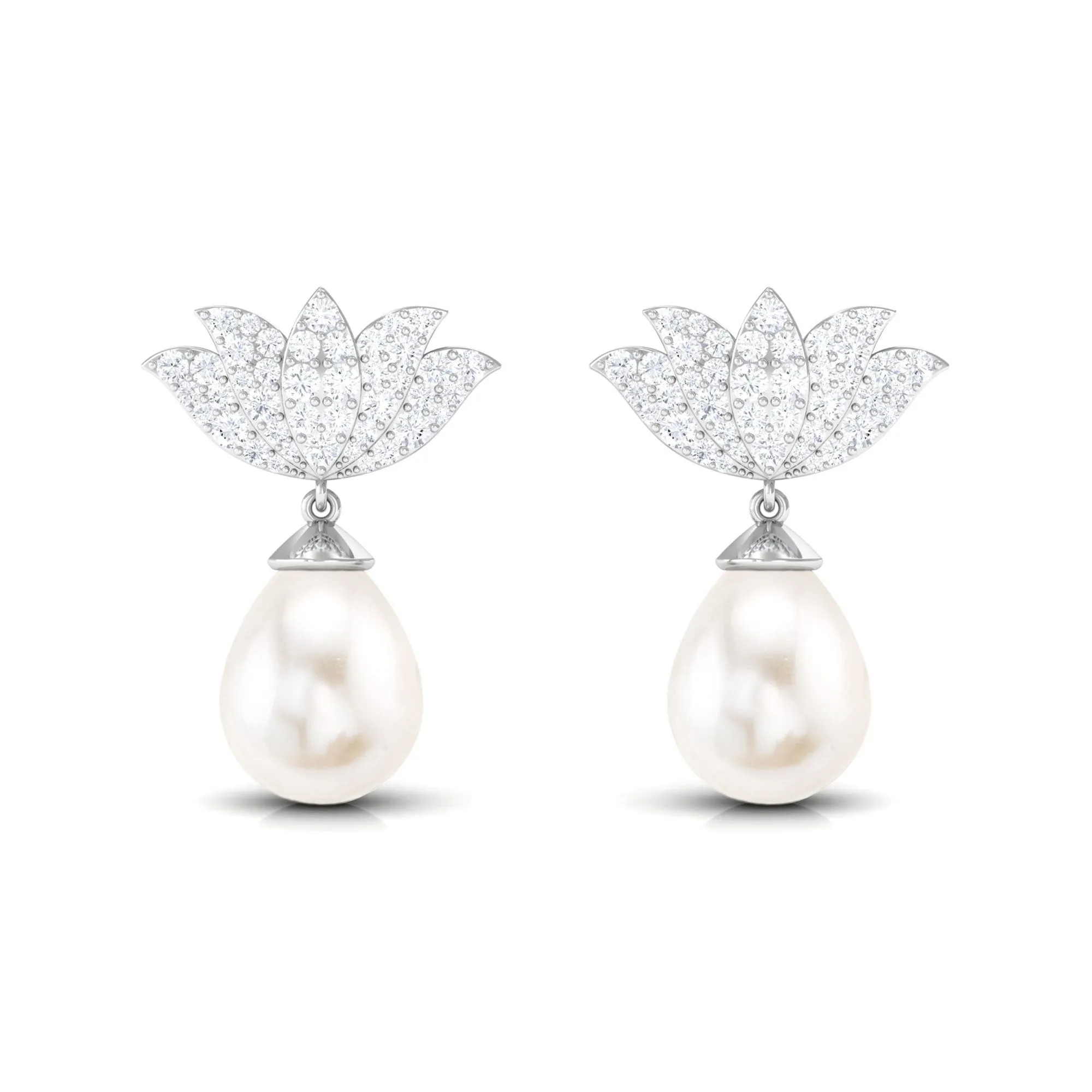 Pave Moissanite Lotus Flower and Freshwater Pearl Drop Earrings