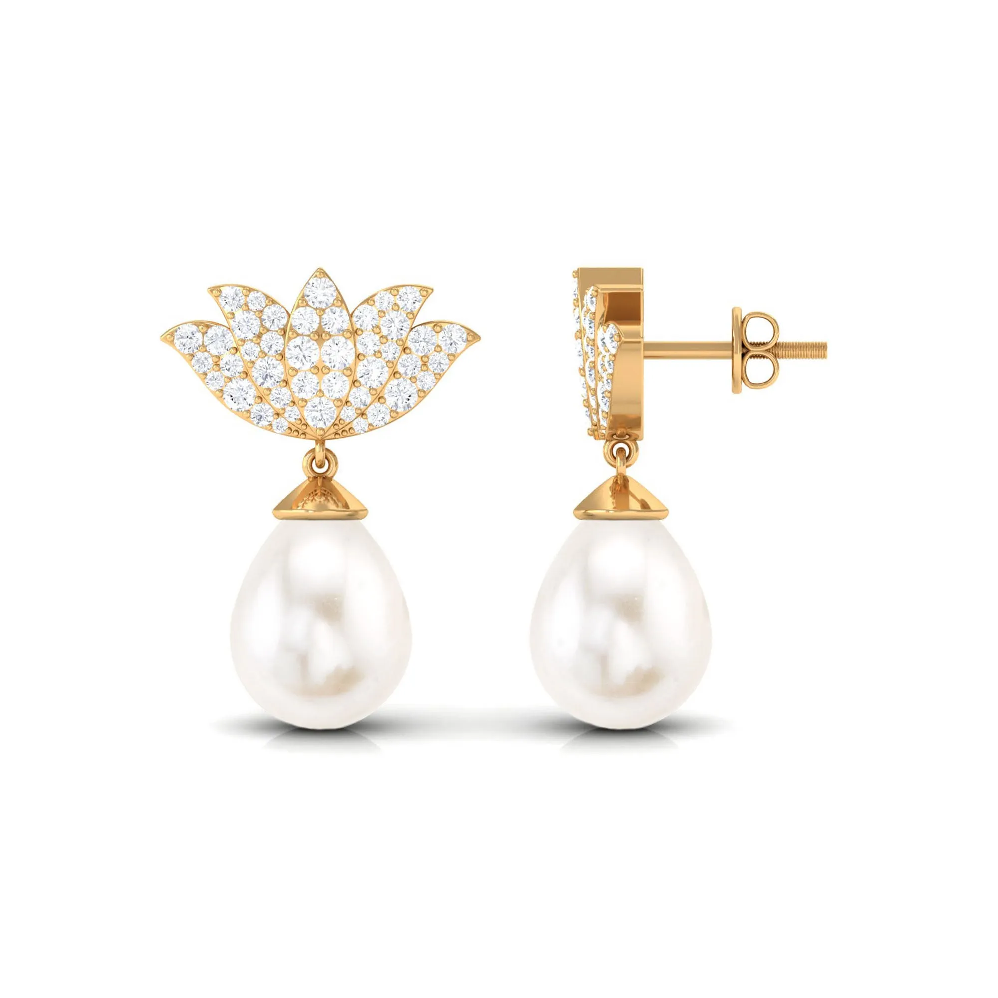 Pave Moissanite Lotus Flower and Freshwater Pearl Drop Earrings