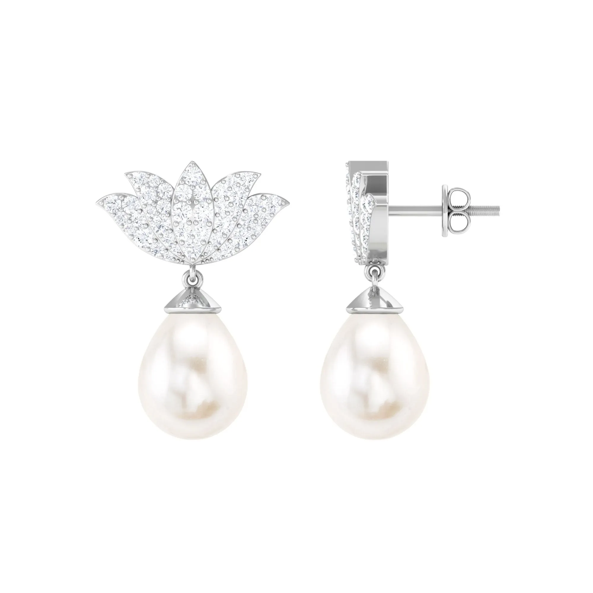 Pave Moissanite Lotus Flower and Freshwater Pearl Drop Earrings