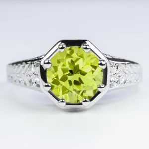 PERIDOT STERLING SILVER RING VINTAGE STYLE ART DECO SOLITAIRE ROUND CUT GREEN