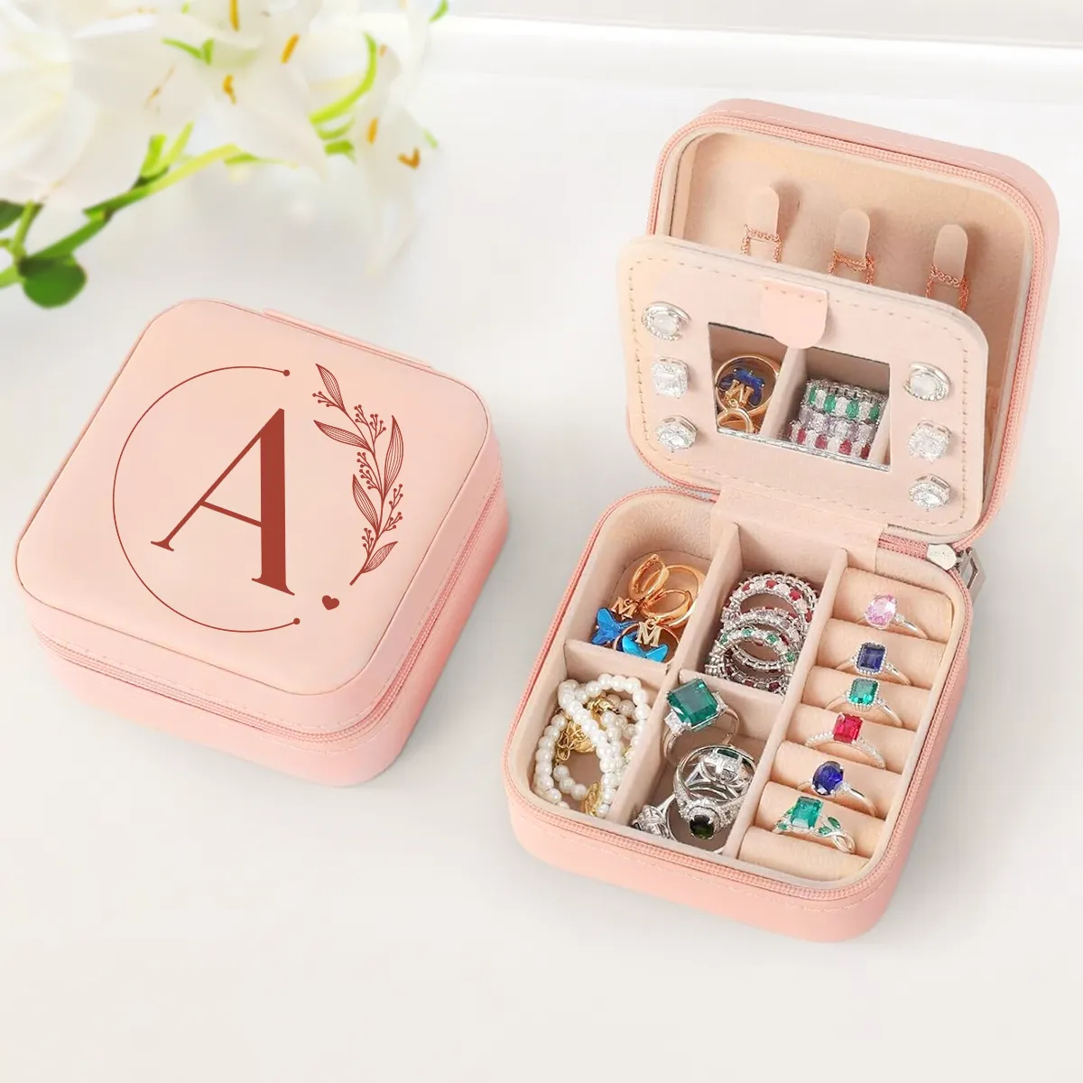 Personalized Jewelry Box, Pink Small Travel Jewelry Box with Initial A, Monogrammed Jewelry Case Organizer for Girls Women Teen, Mini Travel Essentials Gifts for Christmas Birthday