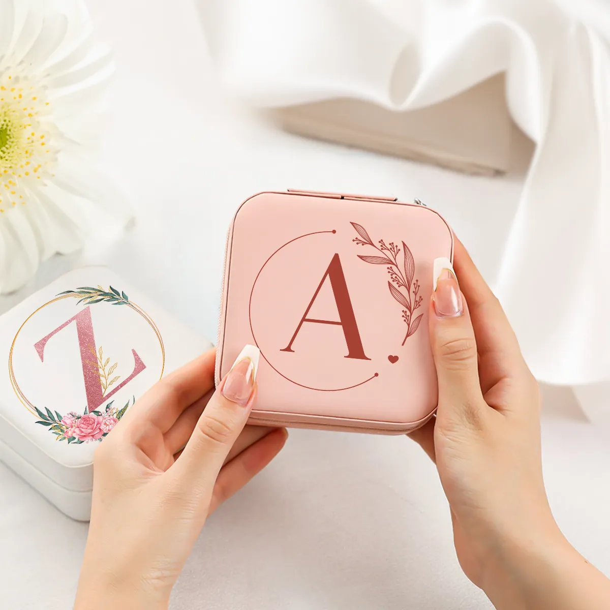 Personalized Jewelry Box, Pink Small Travel Jewelry Box with Initial A, Monogrammed Jewelry Case Organizer for Girls Women Teen, Mini Travel Essentials Gifts for Christmas Birthday