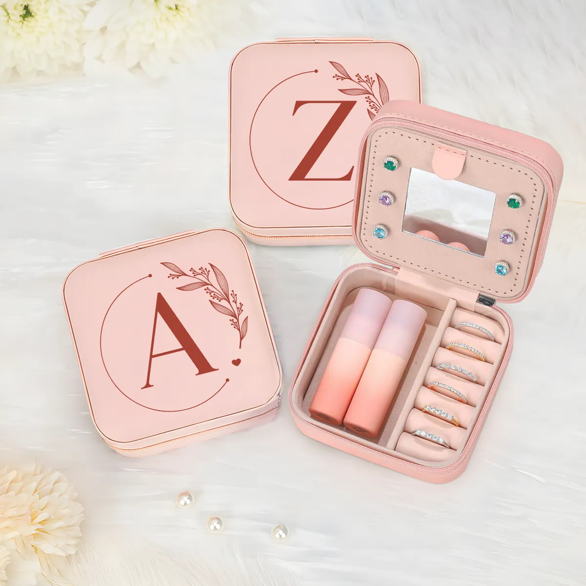 Personalized Jewelry Box, Pink Small Travel Jewelry Box with Initial A, Monogrammed Jewelry Case Organizer for Girls Women Teen, Mini Travel Essentials Gifts for Christmas Birthday