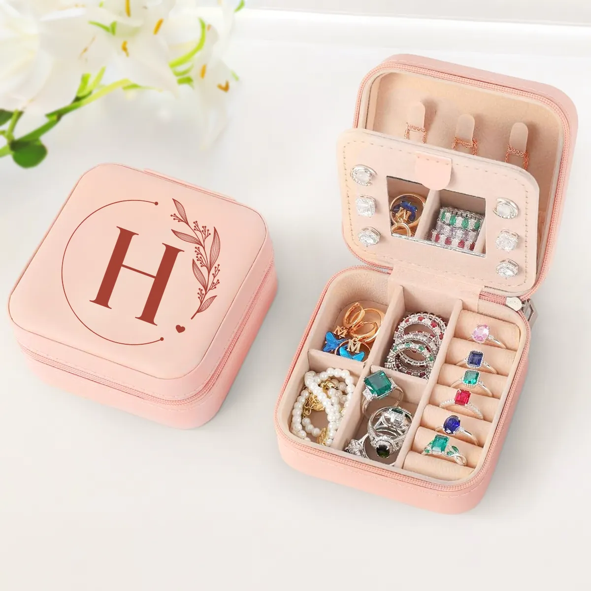 Personalized Jewelry Box, Pink Small Travel Jewelry Box with Initial H, Monogrammed Jewelry Case Organizer for Girls Women Teen, Mini Travel Essentials Gifts for Christmas Birthday