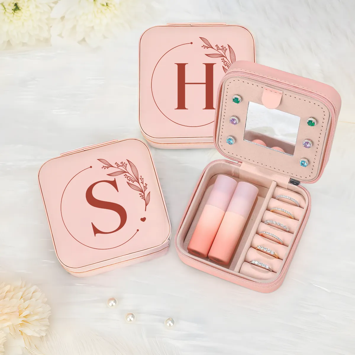 Personalized Jewelry Box, Pink Small Travel Jewelry Box with Initial S, Monogrammed Jewelry Case Organizer for Girls Women Teen, Mini Travel Essentials Gifts for Christmas Birthday