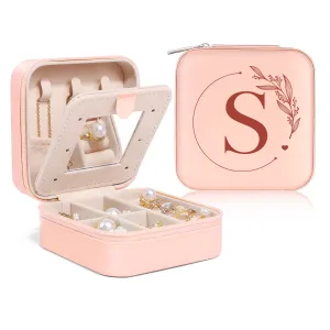 Personalized Jewelry Box, Pink Small Travel Jewelry Box with Initial S, Monogrammed Jewelry Case Organizer for Girls Women Teen, Mini Travel Essentials Gifts for Christmas Birthday