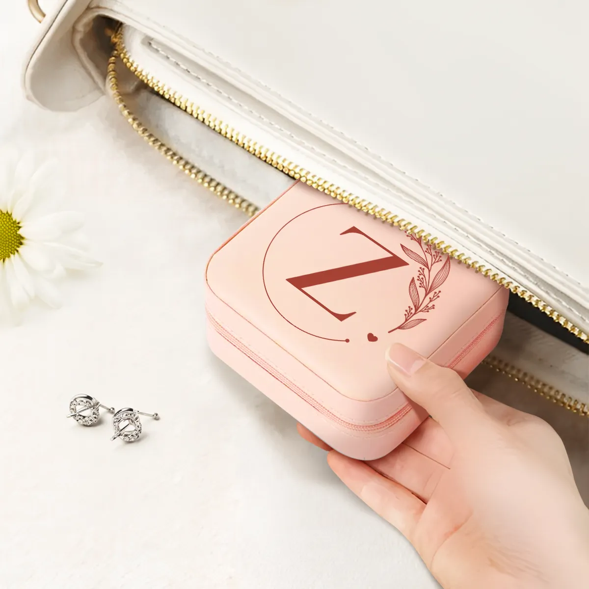 Personalized Jewelry Box, Pink Small Travel Jewelry Box with Initial Z, Monogrammed Jewelry Case Organizer for Girls Women Teen, Mini Travel Essentials Gifts for Christmas Birthday