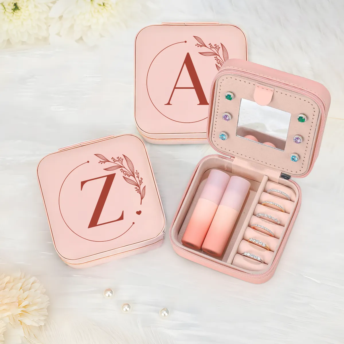 Personalized Jewelry Box, Pink Small Travel Jewelry Box with Initial Z, Monogrammed Jewelry Case Organizer for Girls Women Teen, Mini Travel Essentials Gifts for Christmas Birthday