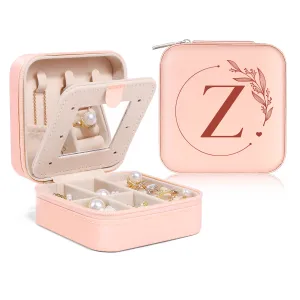 Personalized Jewelry Box, Pink Small Travel Jewelry Box with Initial Z, Monogrammed Jewelry Case Organizer for Girls Women Teen, Mini Travel Essentials Gifts for Christmas Birthday