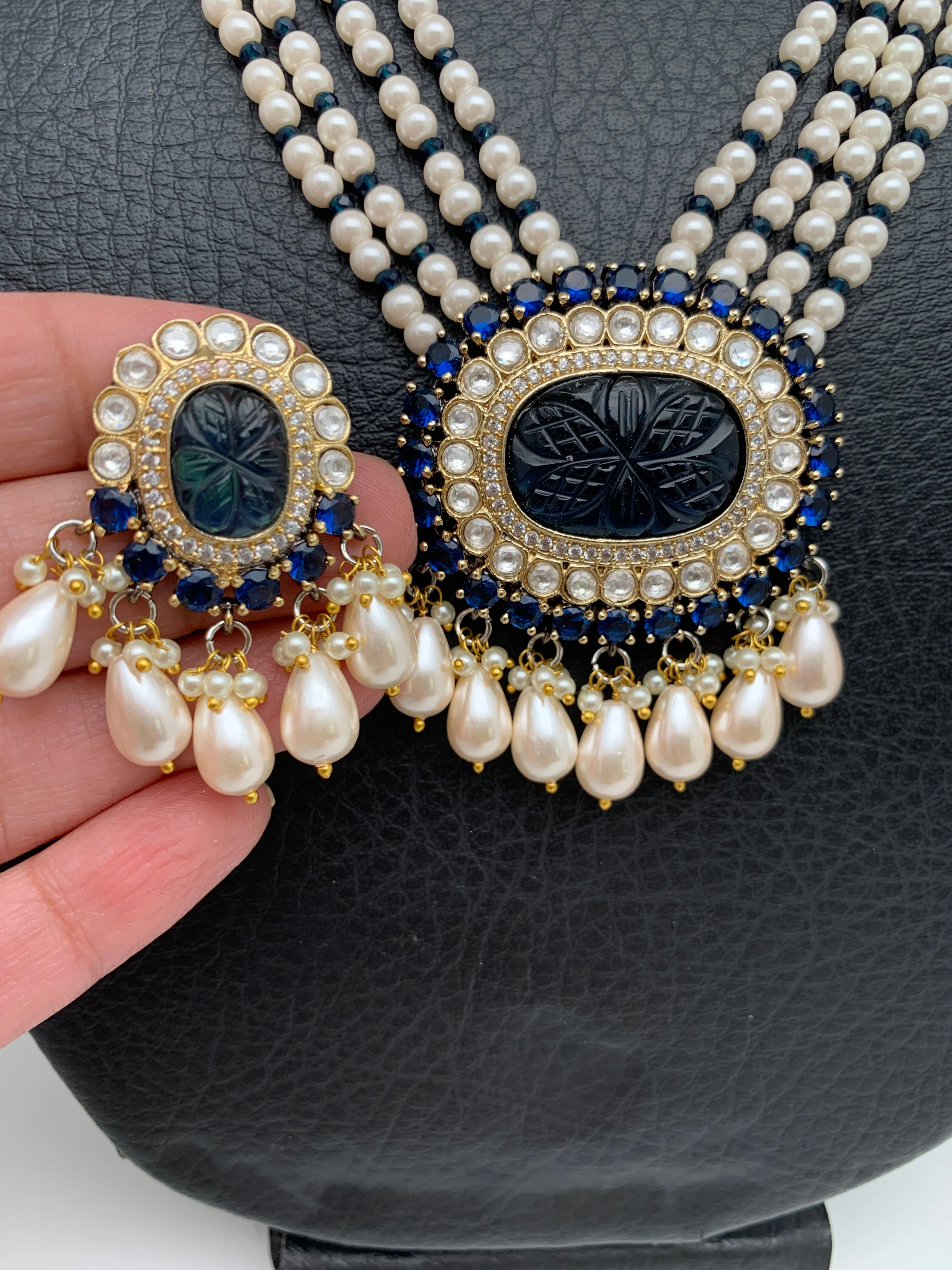 Polki Blue Carved Stone Victorian Polish Pendent Pearl Mala Necklace