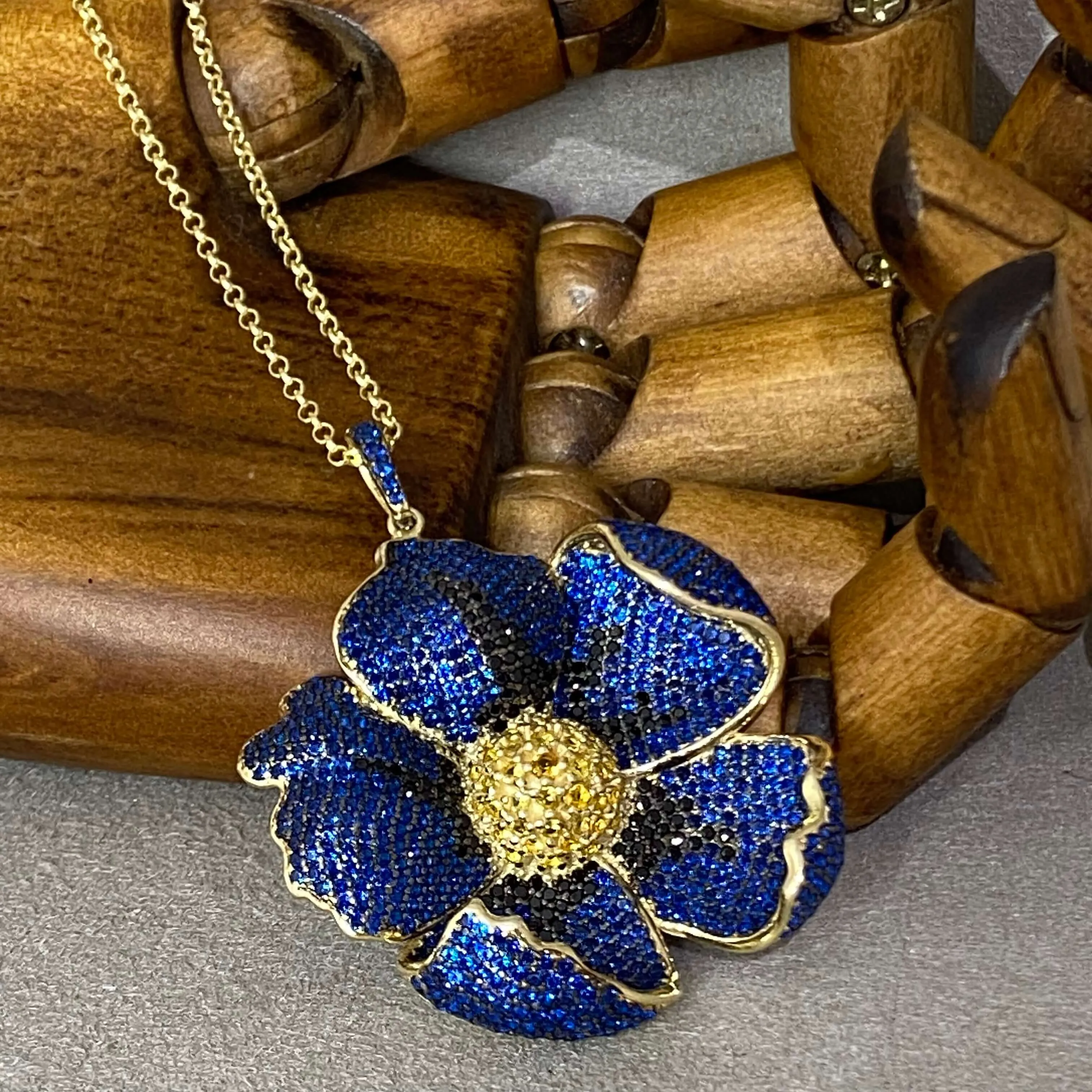 Poppy Flower Sapphire Blue Sterling Silver Pendant Necklace