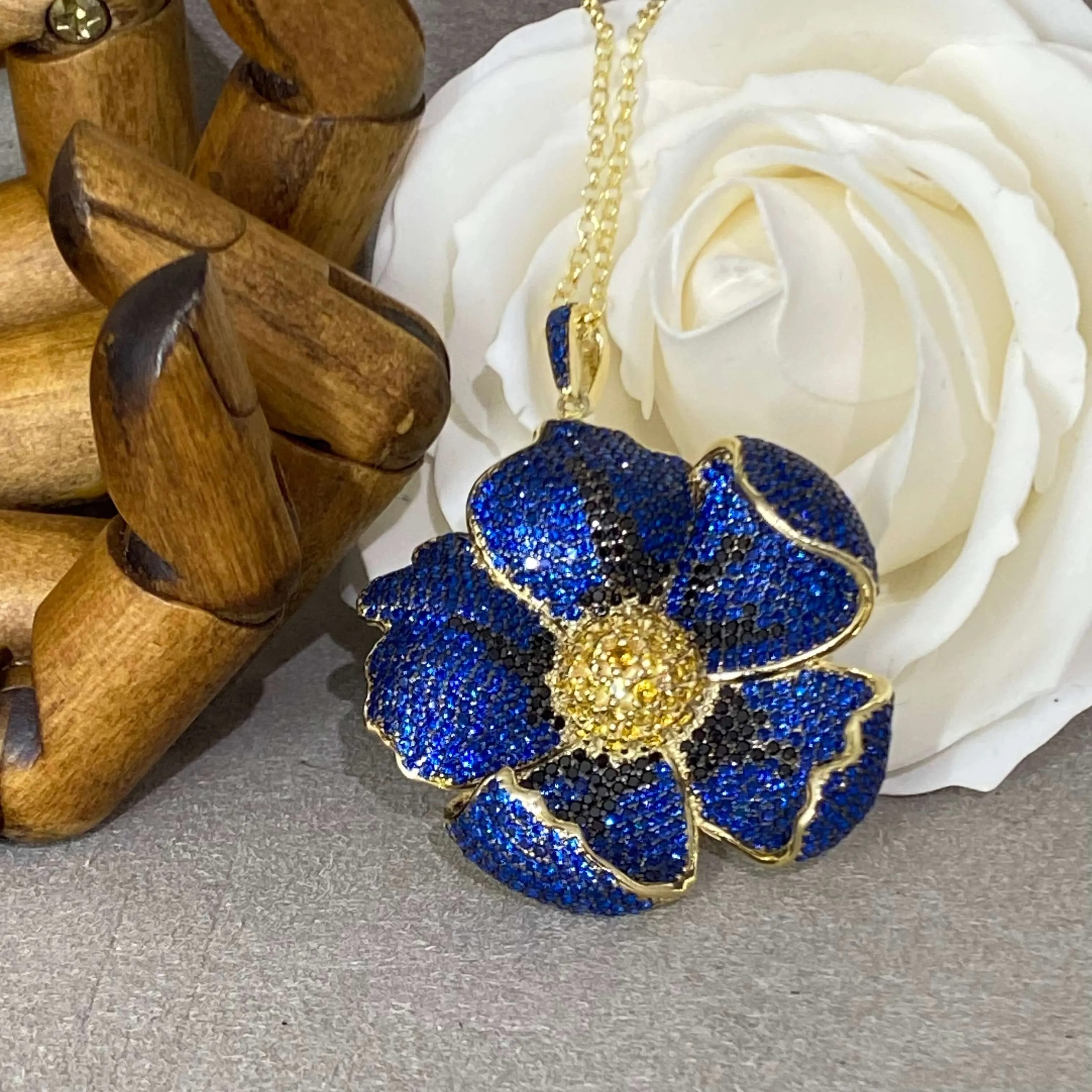 Poppy Flower Sapphire Blue Sterling Silver Pendant Necklace