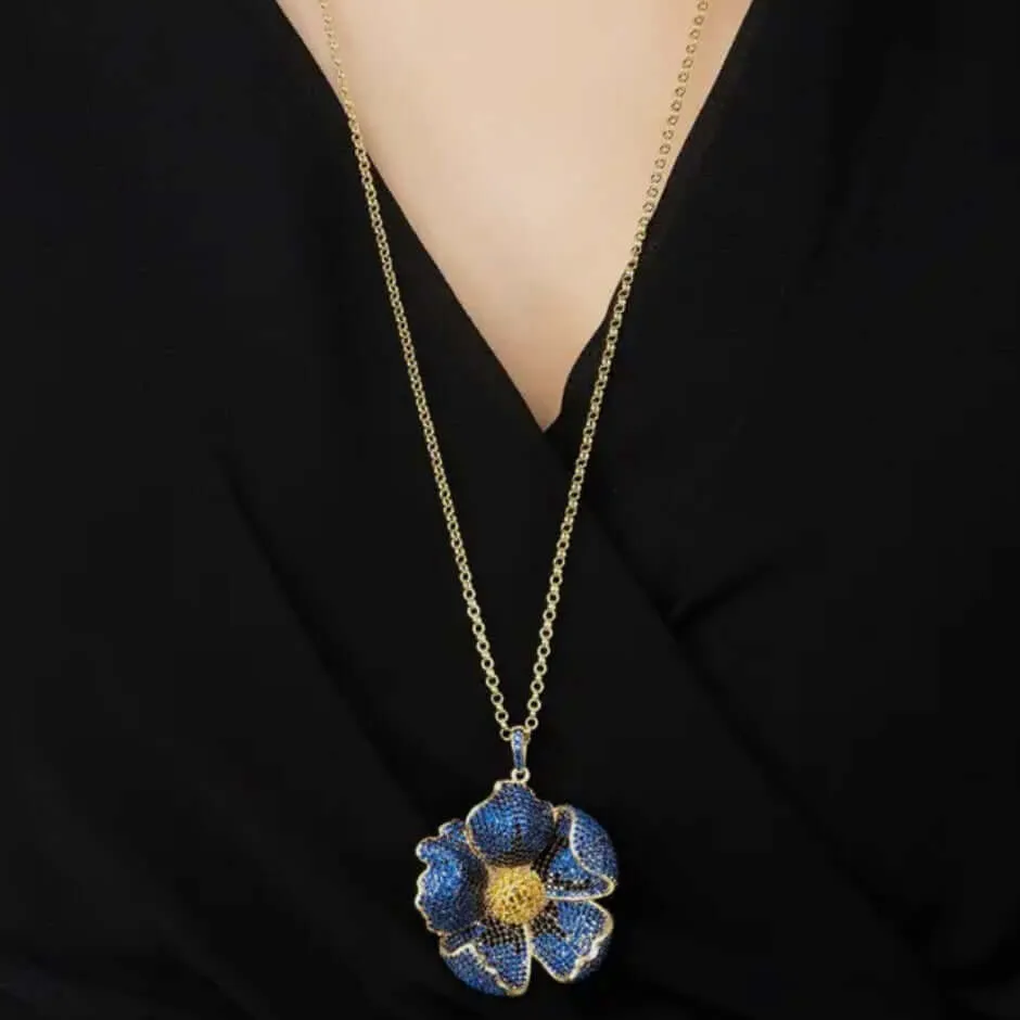 Poppy Flower Sapphire Blue Sterling Silver Pendant Necklace