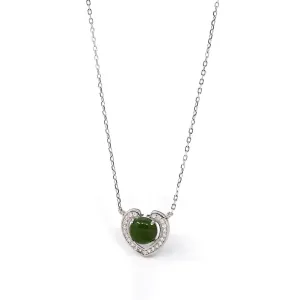 RealJade® Co. Sterling Silver Real Green Nephrite Jade Love Pendant Necklace With CZ