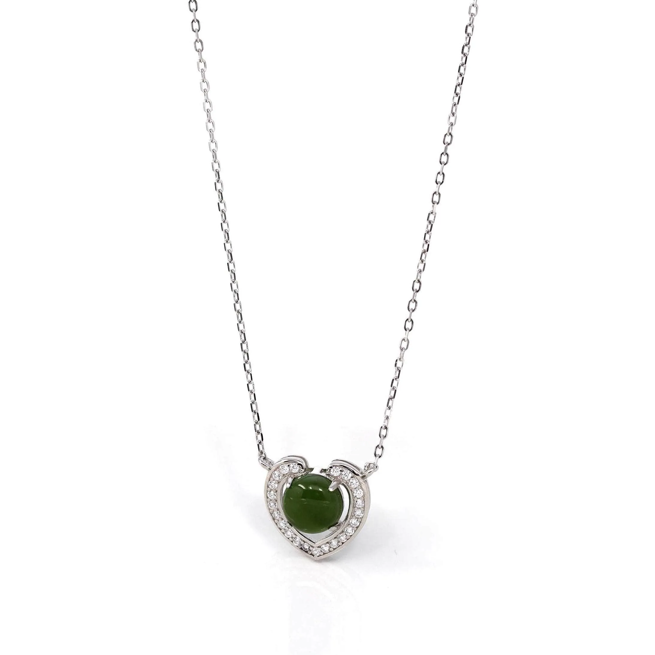 RealJade® Co. Sterling Silver Real Green Nephrite Jade Love Pendant Necklace With CZ