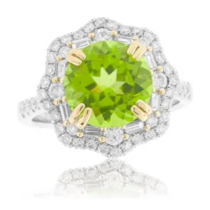 Round Peridot & Double Diamond Halo Intricate Style Ring