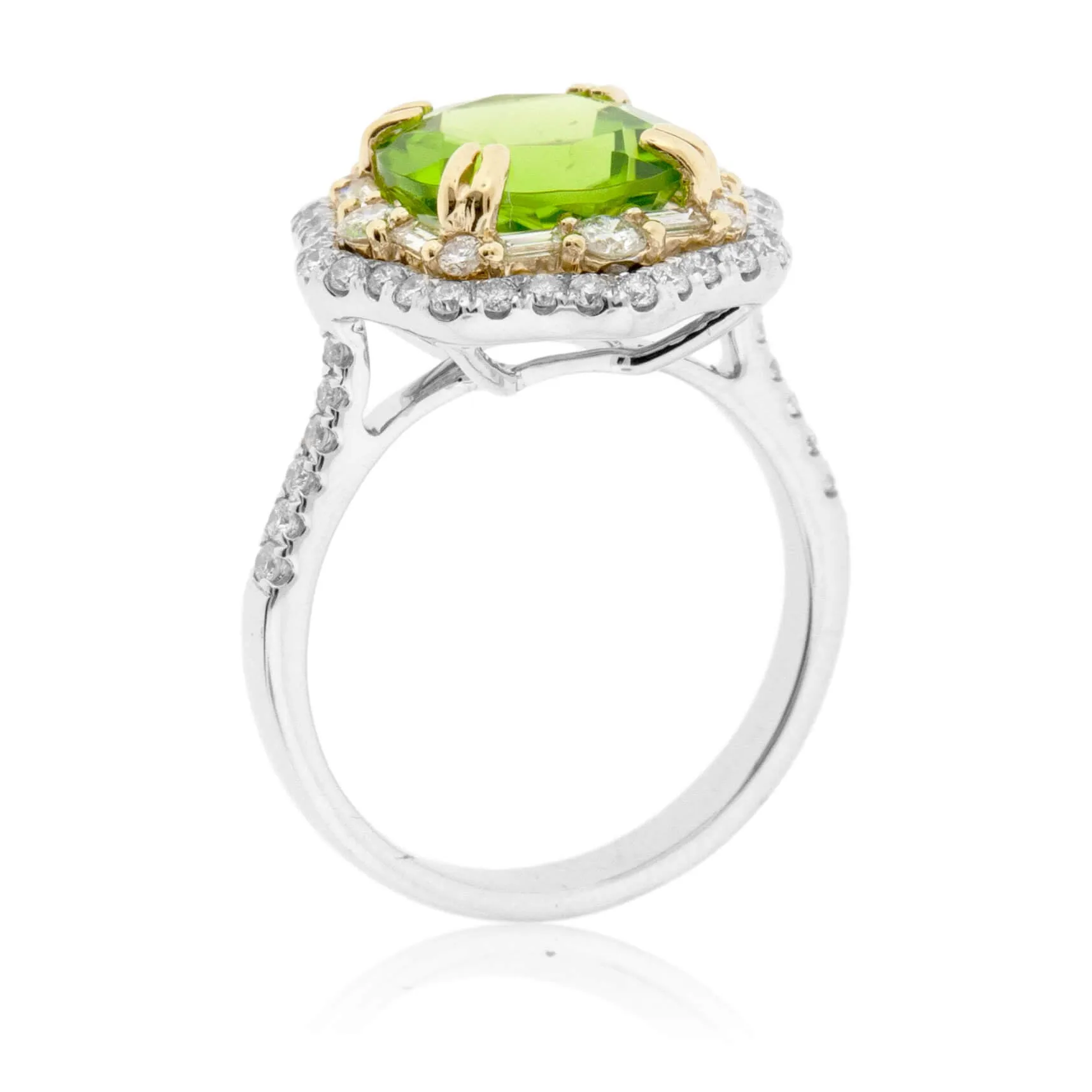 Round Peridot & Double Diamond Halo Intricate Style Ring