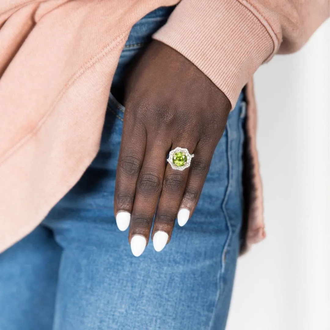 Round Peridot & Double Diamond Halo Intricate Style Ring