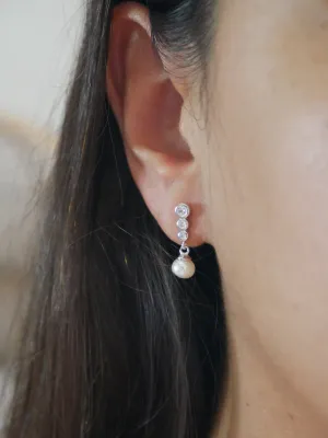 Silver Pearl Earrings, 925 Sterling Silver Freshwater Pearl, Bezel Cubic Zirconia Dangling Luxury Hypoallergenic Statement Earrings