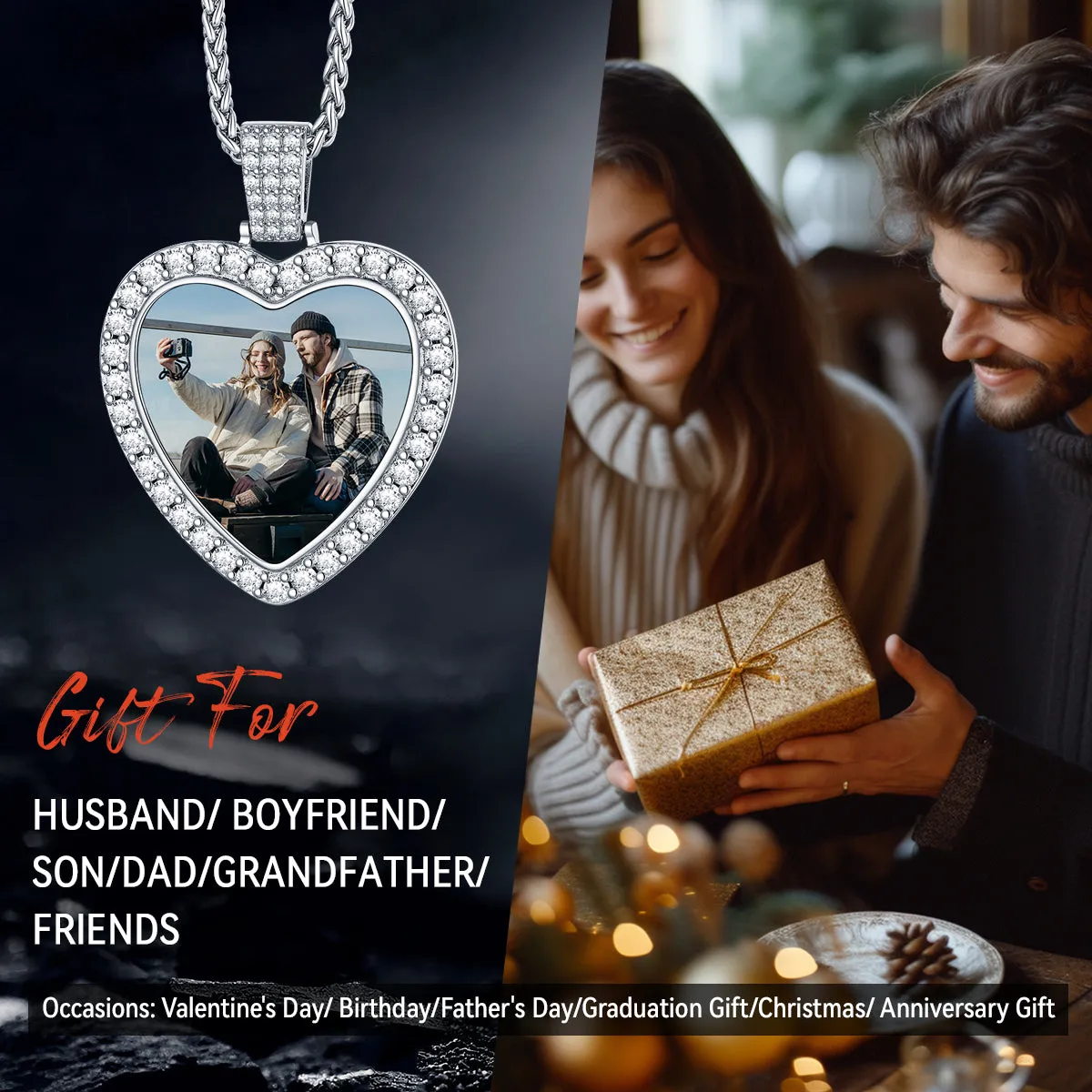 Silver Personalized Heart Picture Necklace Gift With Cubic Zirconia