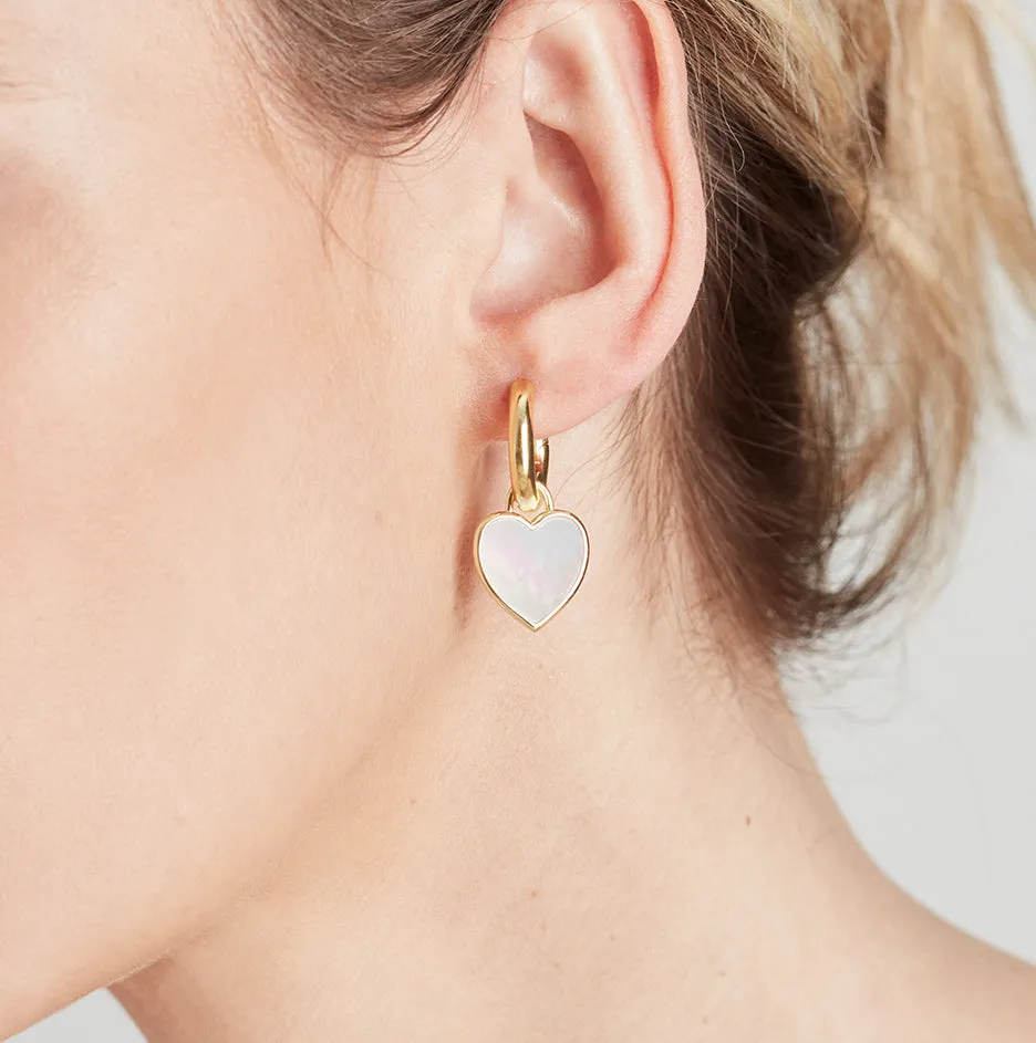 Small Chunky Hoop and Mother of Pearl Heart Charm Silver Earring Set