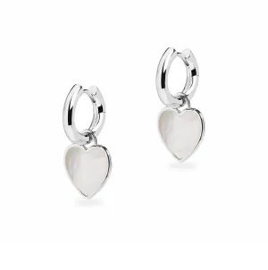 Small Chunky Hoop and Mother of Pearl Heart Charm Silver Earring Set