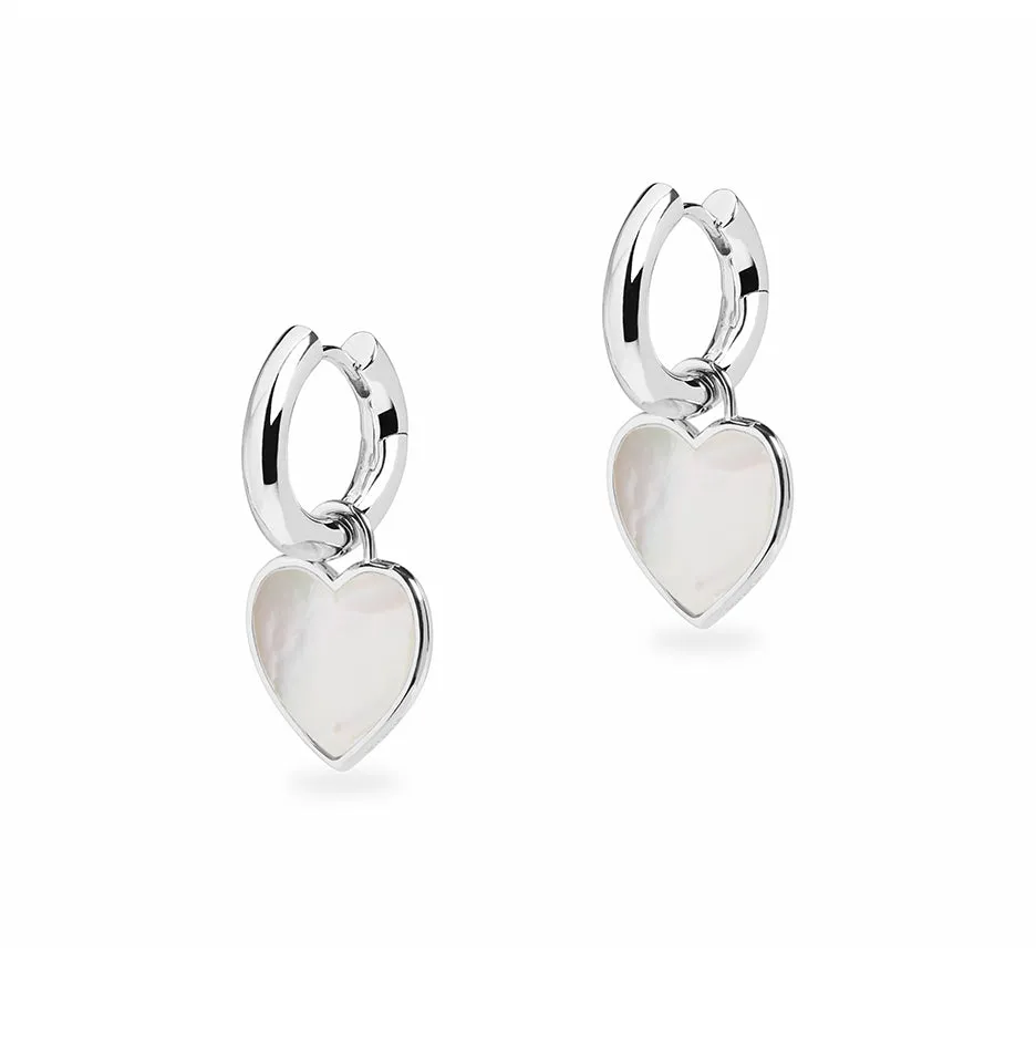 Small Chunky Hoop and Mother of Pearl Heart Charm Silver Earring Set
