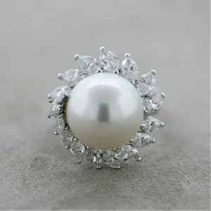 South Sea Pearl Diamond Swirl Gold Cocktail Ring