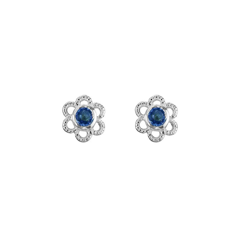 STERLING SILVER 2.5MM LABORATORY CREATED SAPPHIRE FLOWER STUDS EARRINGS
