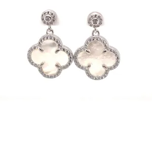 Sterling Silver Mother of Pearl and Cubic Zirconia Clover Dangle Earrings