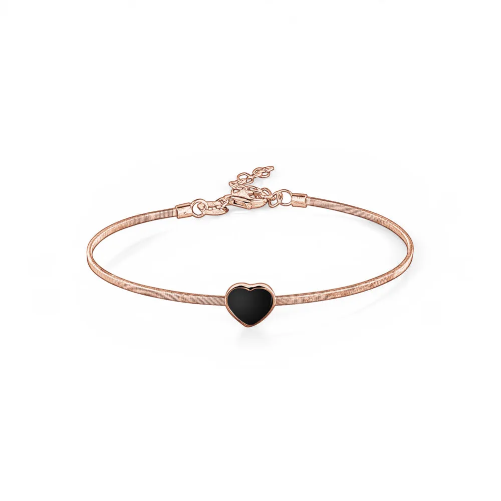 Sterling Silver Wire Bracelet Bangle Heart with Onyx  Inlay 7"