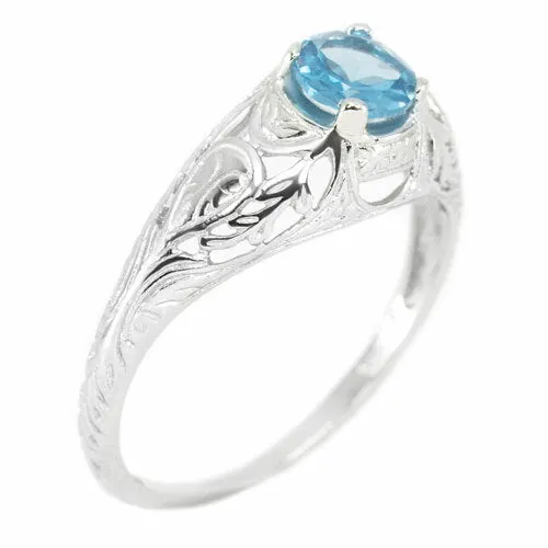 SWISS BLUE TOPAZ STERLING SILVER VINTAGE STYLE SOLITAIRE RING FLORAL PROMISE