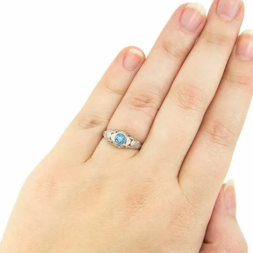 SWISS BLUE TOPAZ STERLING SILVER VINTAGE STYLE SOLITAIRE RING FLORAL PROMISE