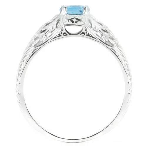 SWISS BLUE TOPAZ STERLING SILVER VINTAGE STYLE SOLITAIRE RING FLORAL PROMISE