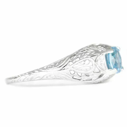 SWISS BLUE TOPAZ STERLING SILVER VINTAGE STYLE SOLITAIRE RING FLORAL PROMISE