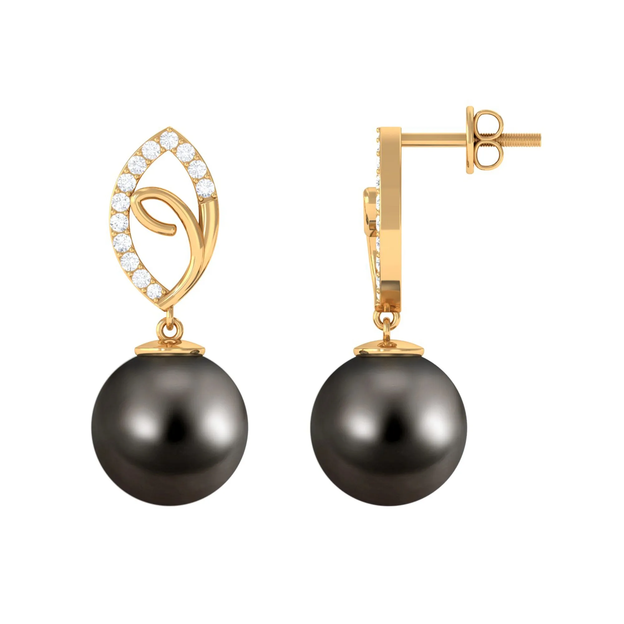Tahitian Pearl Leaf Drop Earrings with Diamond