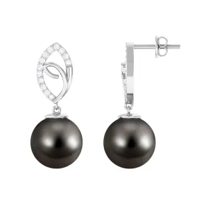 Tahitian Pearl Leaf Drop Earrings with Diamond