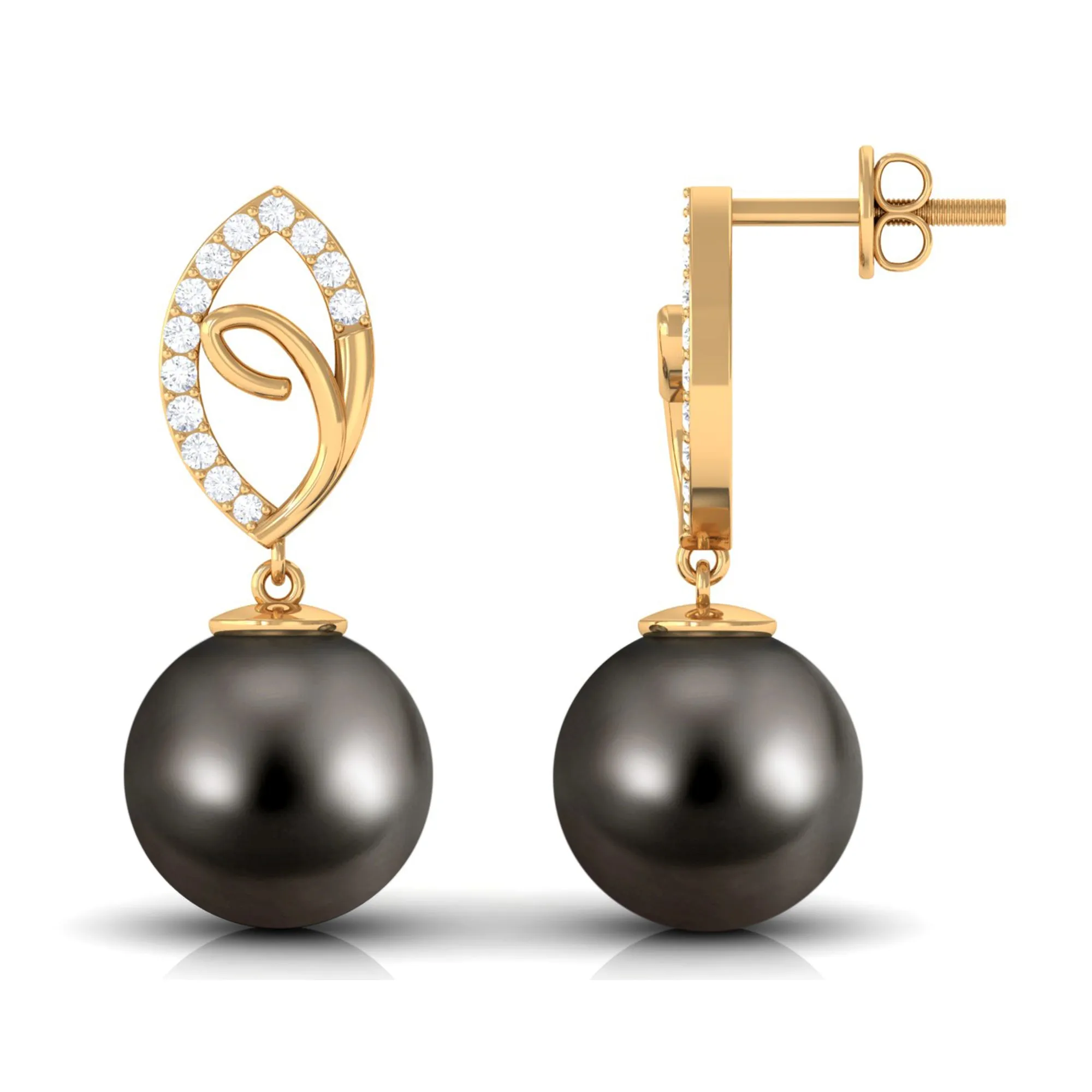 Tahitian Pearl Leaf Drop Earrings with Diamond