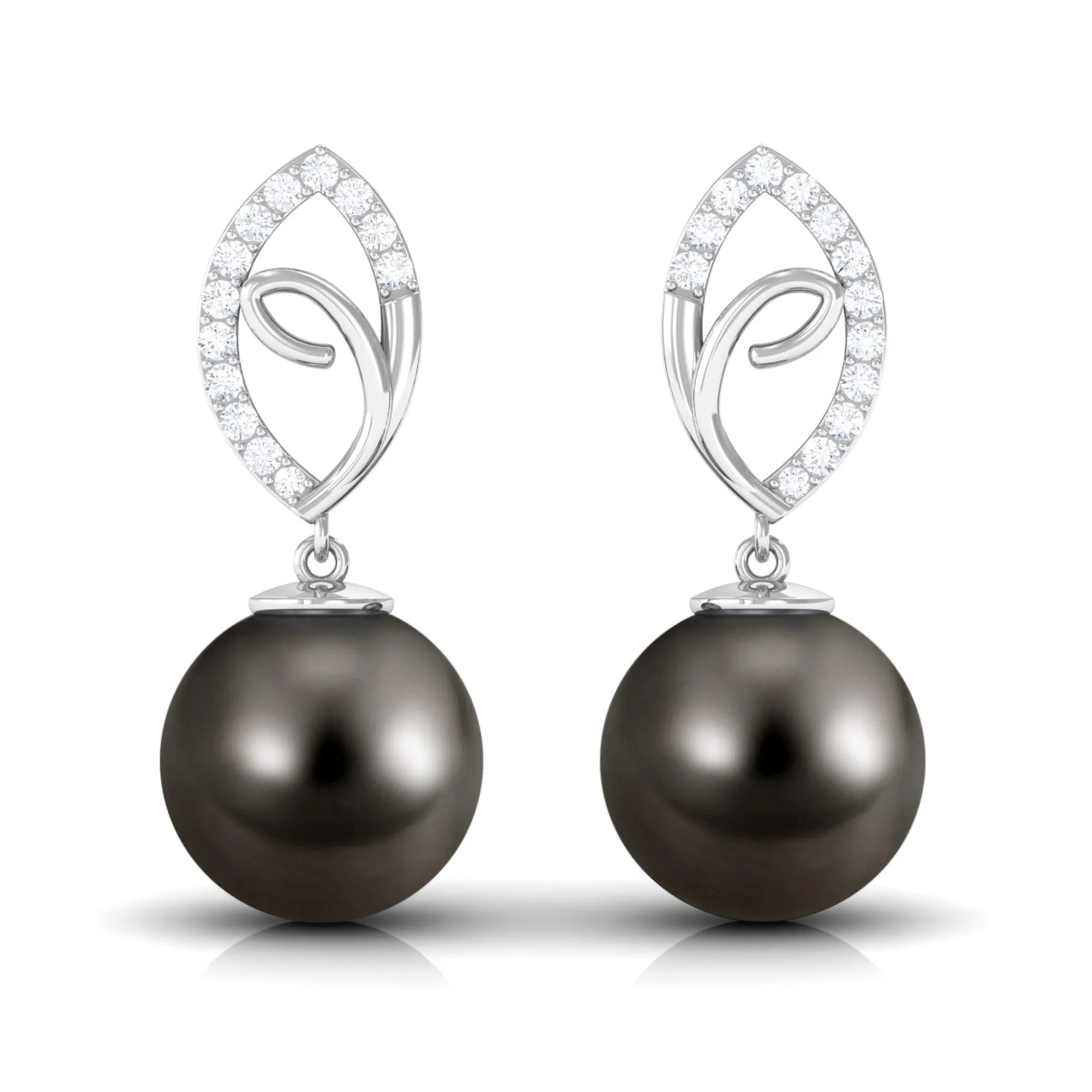 Tahitian Pearl Leaf Drop Earrings with Diamond