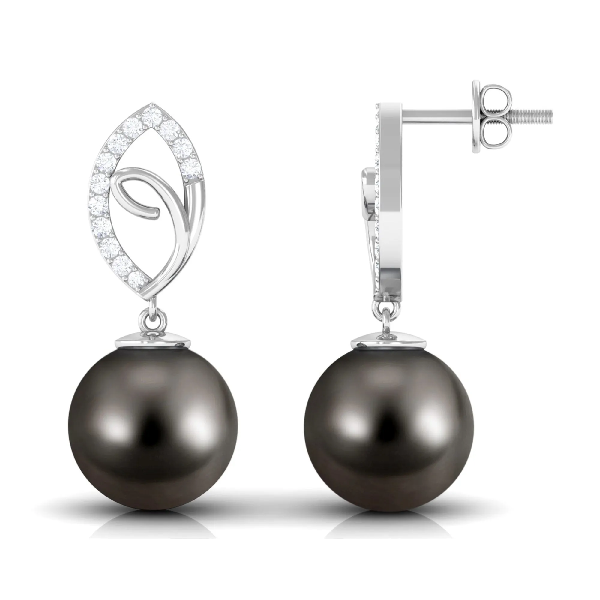 Tahitian Pearl Leaf Drop Earrings with Diamond