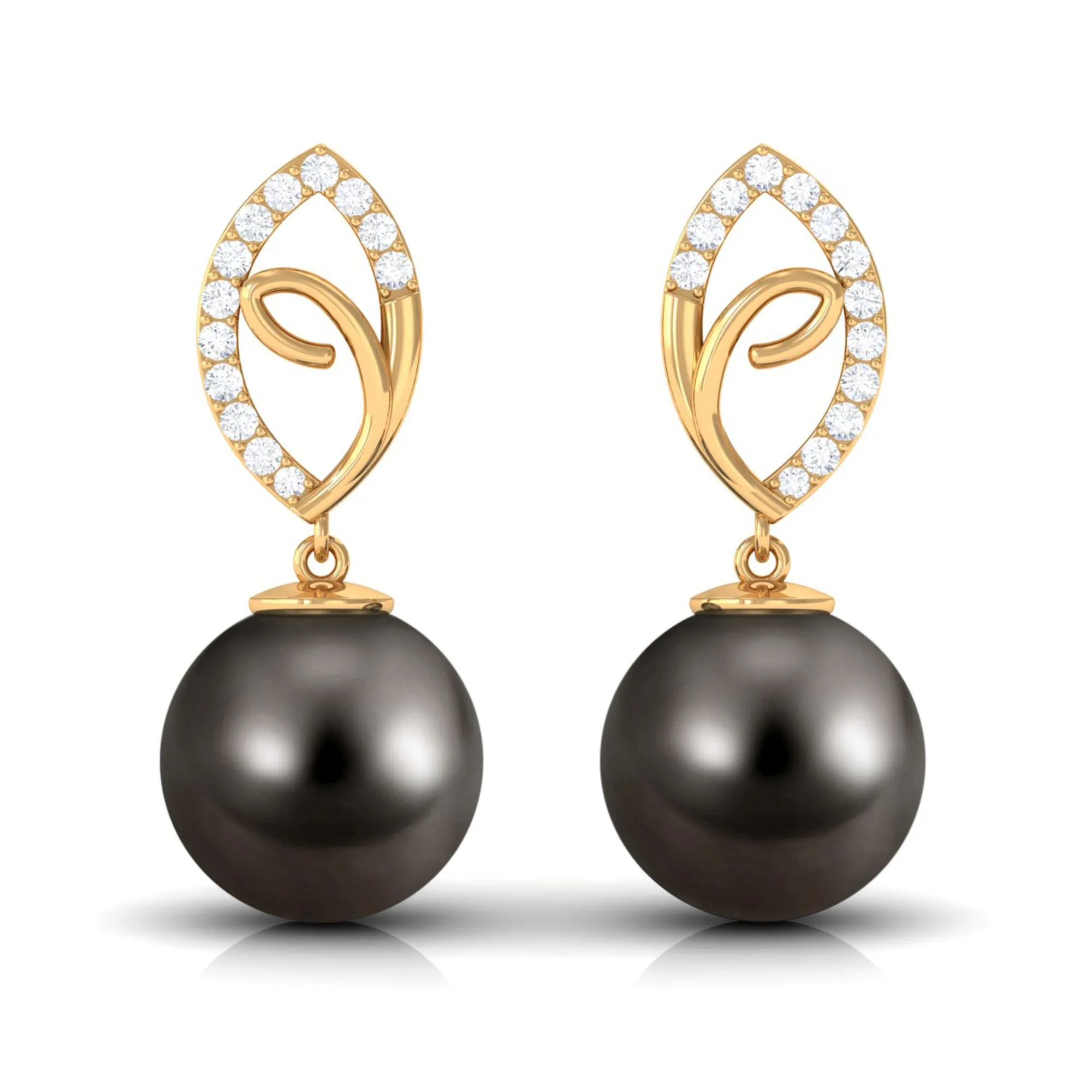 Tahitian Pearl Leaf Drop Earrings with Diamond