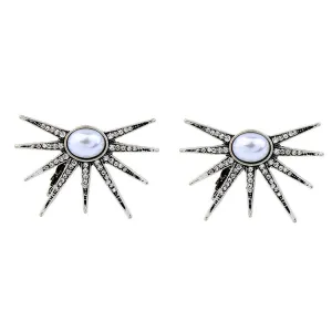 TESSLA - Silver Pearl Studded Sun Clip Earrings